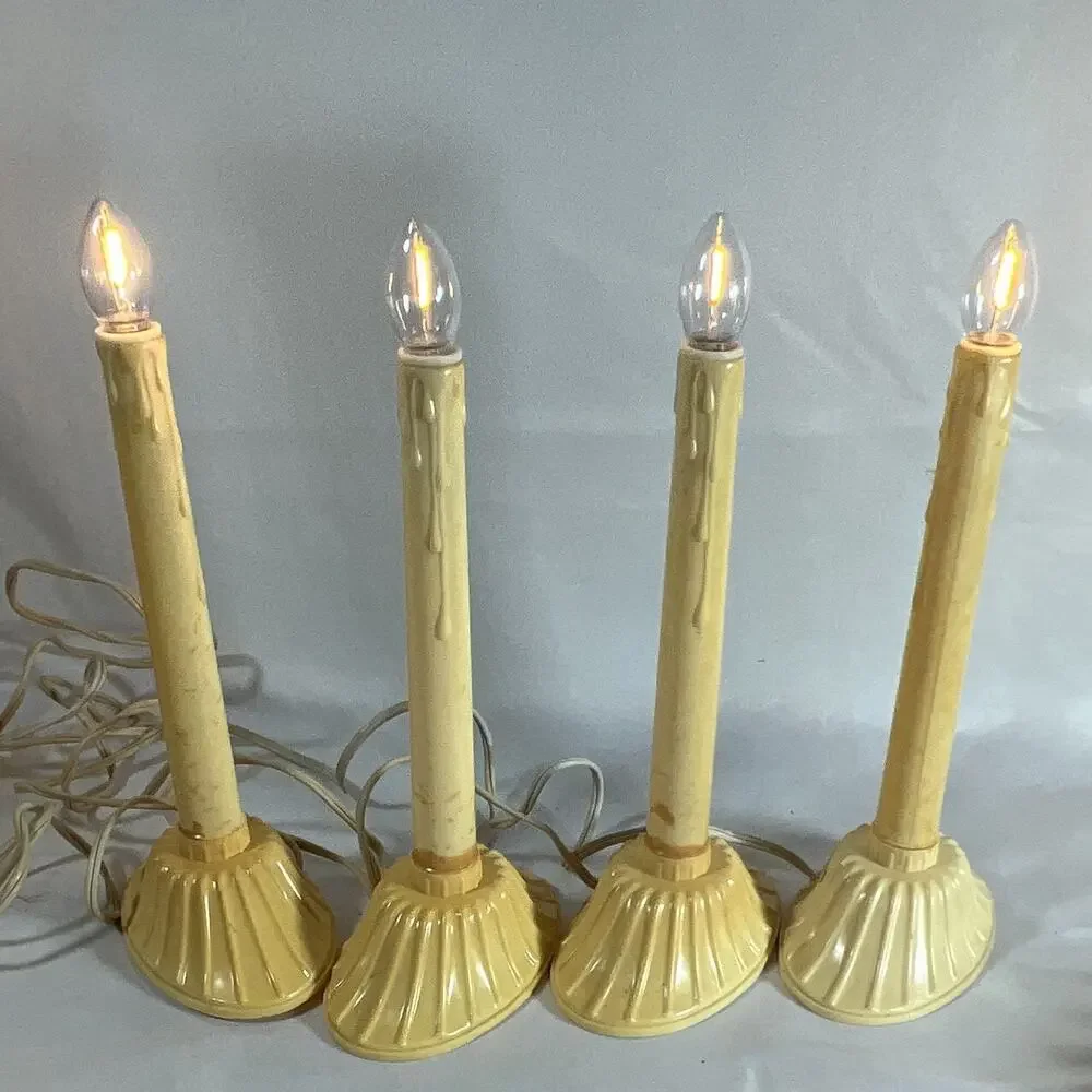 Vintage Set of 4 Plug-In Electric Christmas Window Candle Lights Holly Red Bows